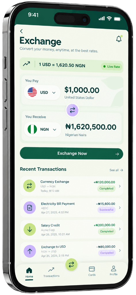 Angled smartphone showing OuiPay currency exchange and live rates