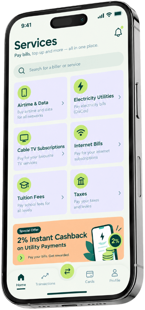 Angled smartphone showing OuiPay Services and bill payments